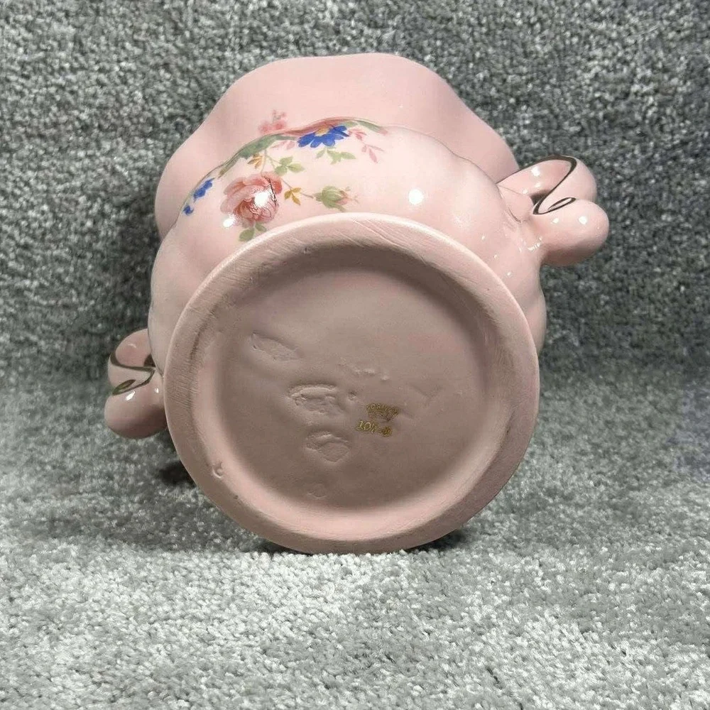 Fornart USA Planter Vase Pink Floral Gold Trim Scroll Handles 107-D Vintage